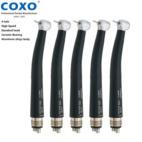 5PCS COXO Dental Black Turbine Anti-retraction High Speed Handpiece Standard Head 4 Holes Push Button Aluminum Alloys Body