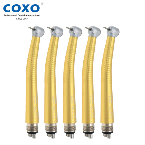 5Pcs COXO Dental High Speed Handpiece Turbine Standard Head 4 Holes Push Button Yellow Aluminum alloys body