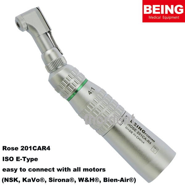 BEING Dental 4:1 Reduction Latch Bur Low Speed Contra Angle Handpiece ISO Type E Rose 201CA-R4 For CA burs 2.35mm Compatible NSK